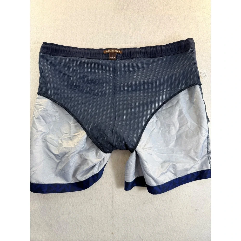 Michael Kors Mens Navy Blue Monogram Logo Swim Trunks Shorts Size L Drawstring